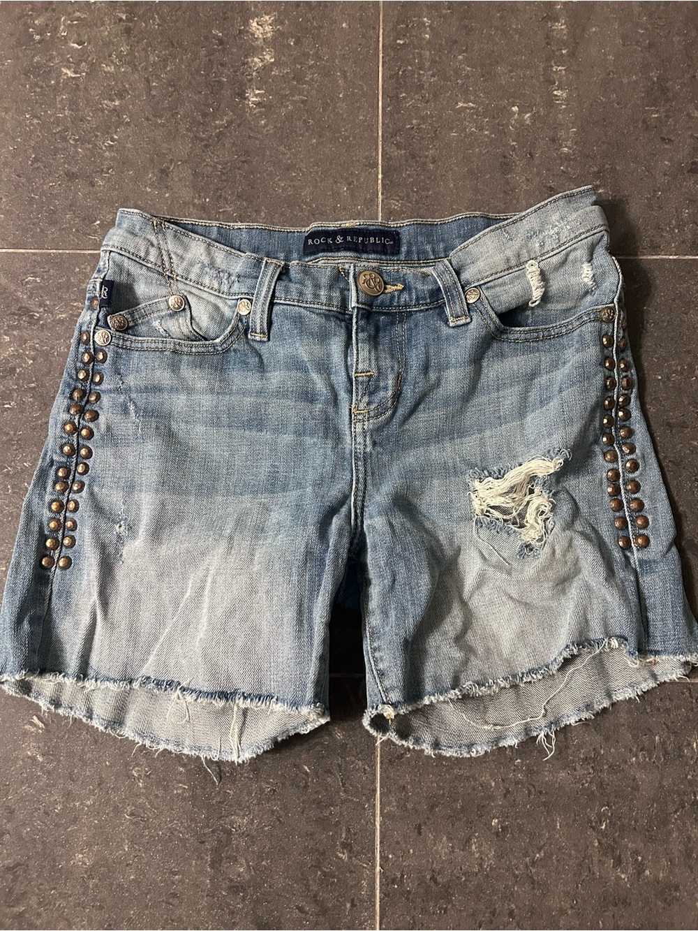 Rock & Republic Light Blue Distressed Denim Shorts with Studded Sides